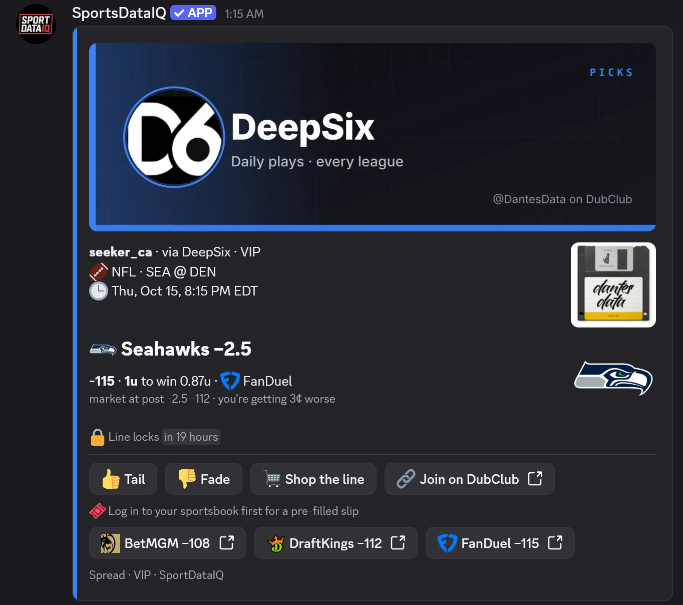 A VIP pick card in Discord whose header reads “seeker_ca · via DeepSix · VIP”, with the capper’s avatar beside it, the DeepSix banner, Seahawks −2.5 at FanDuel, and Tail, Fade and book buttons