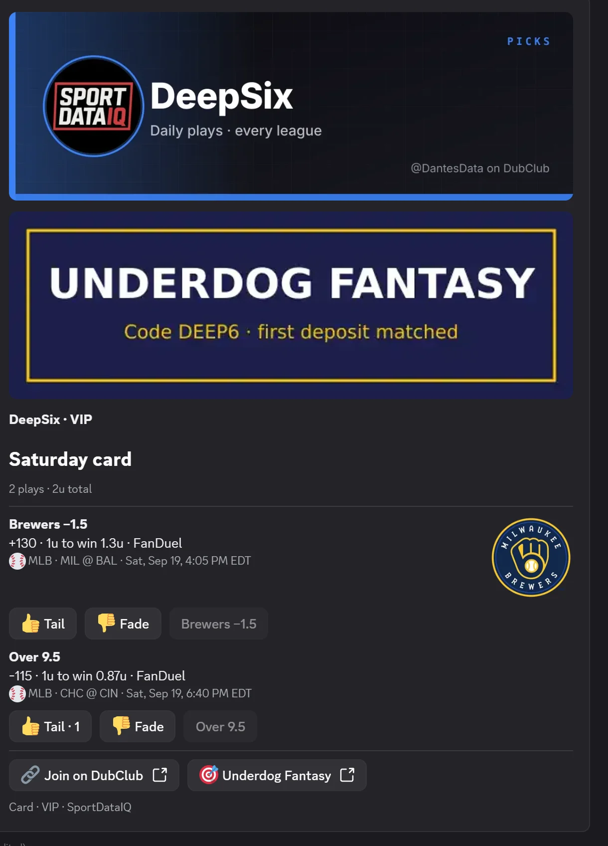 A posted card in Discord with two picks