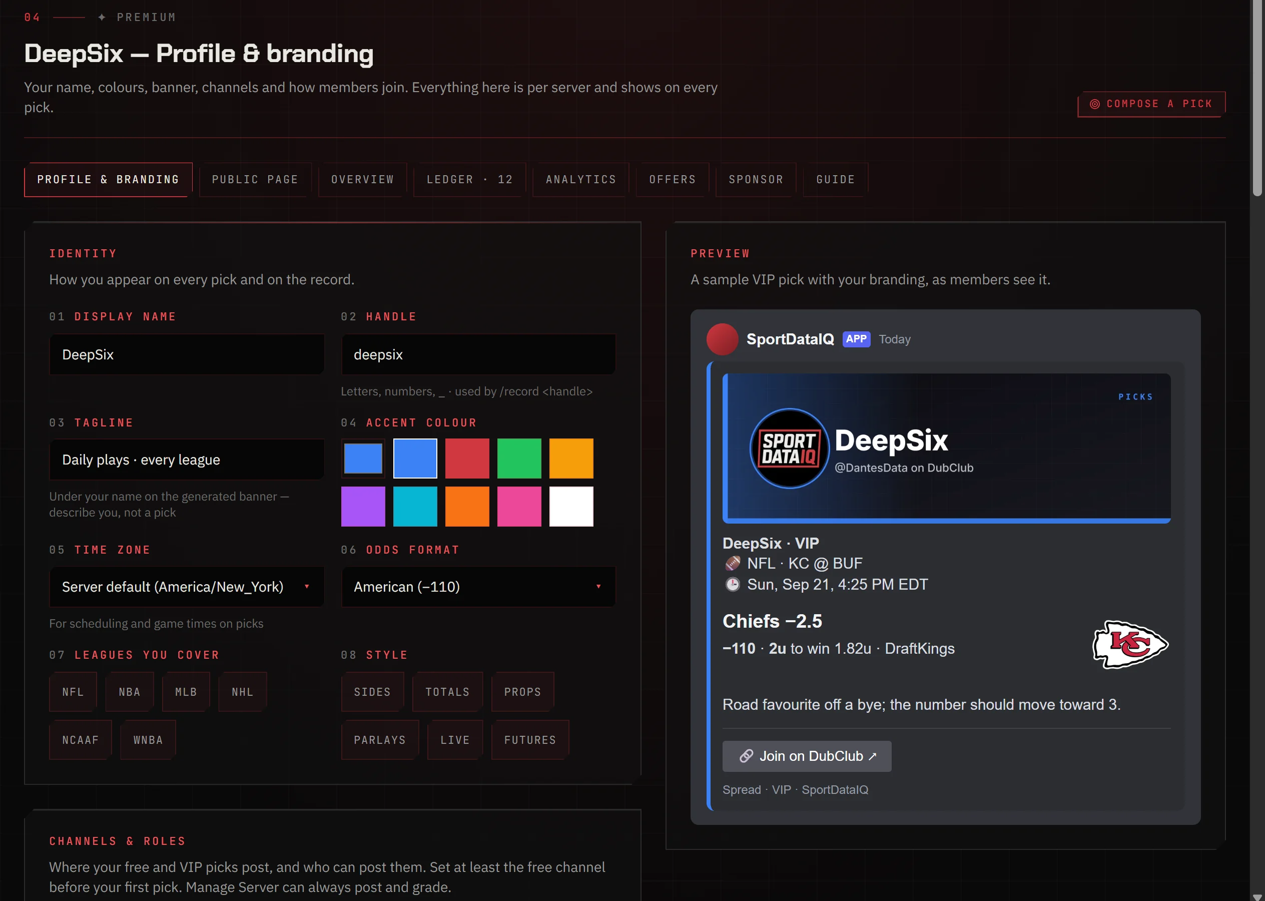 Profile & branding screen with live preview