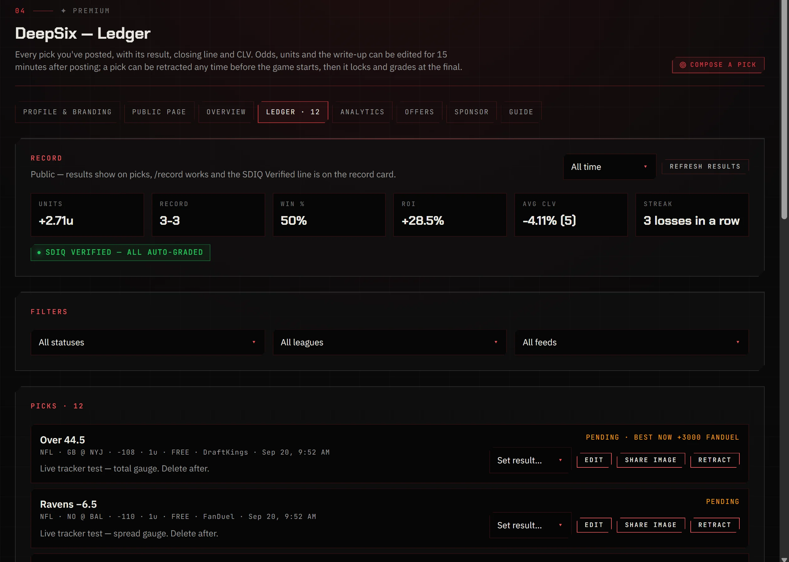 Ledger page with record tiles and every pick