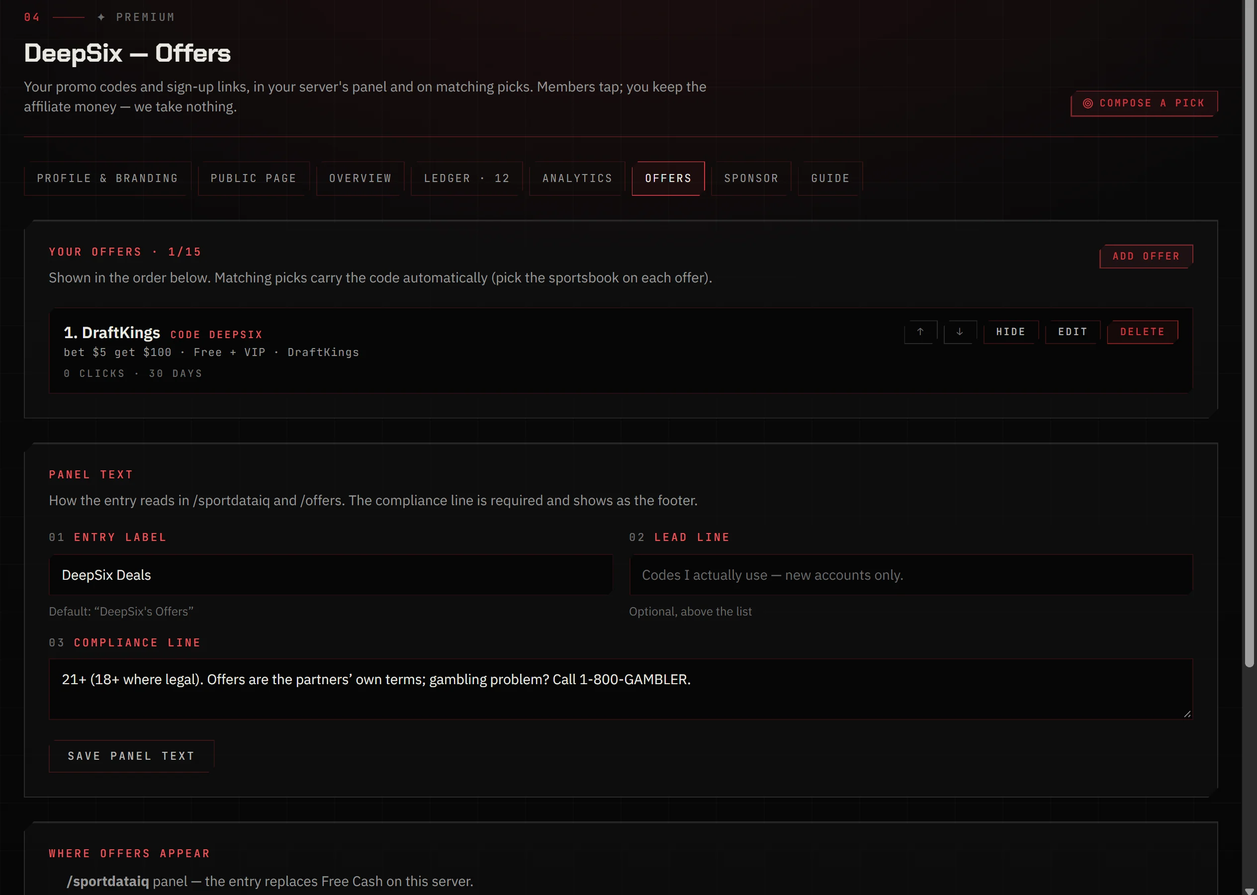 Offers page with one FanDuel offer and the panel text fields
