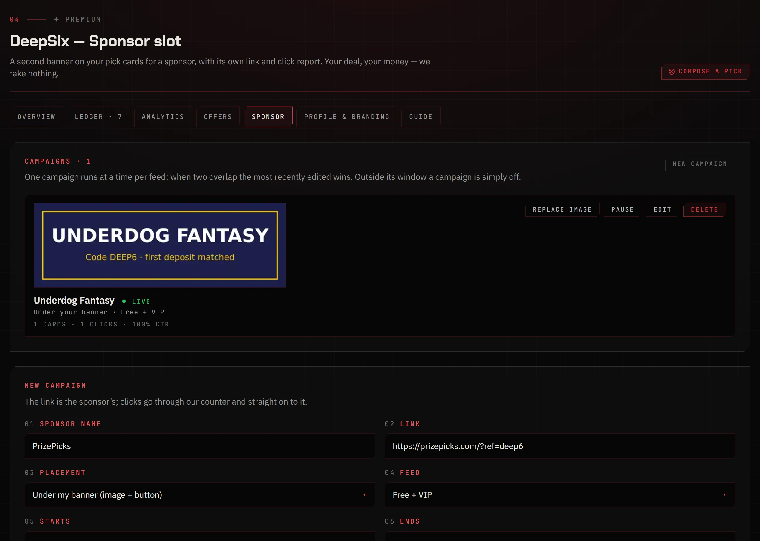 Sponsor slot page with a live campaign and the new-campaign form