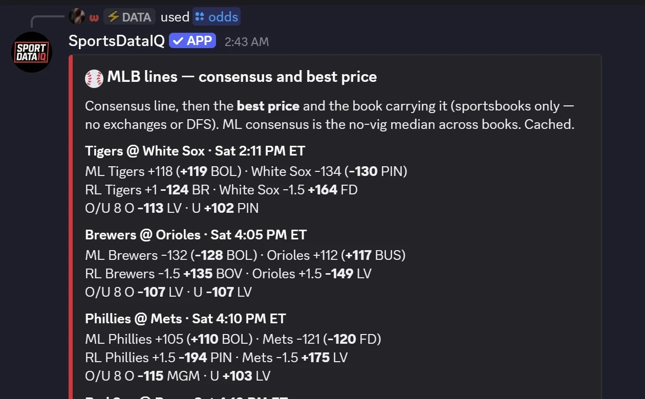 /odds MLB reply showing consensus and best price per game