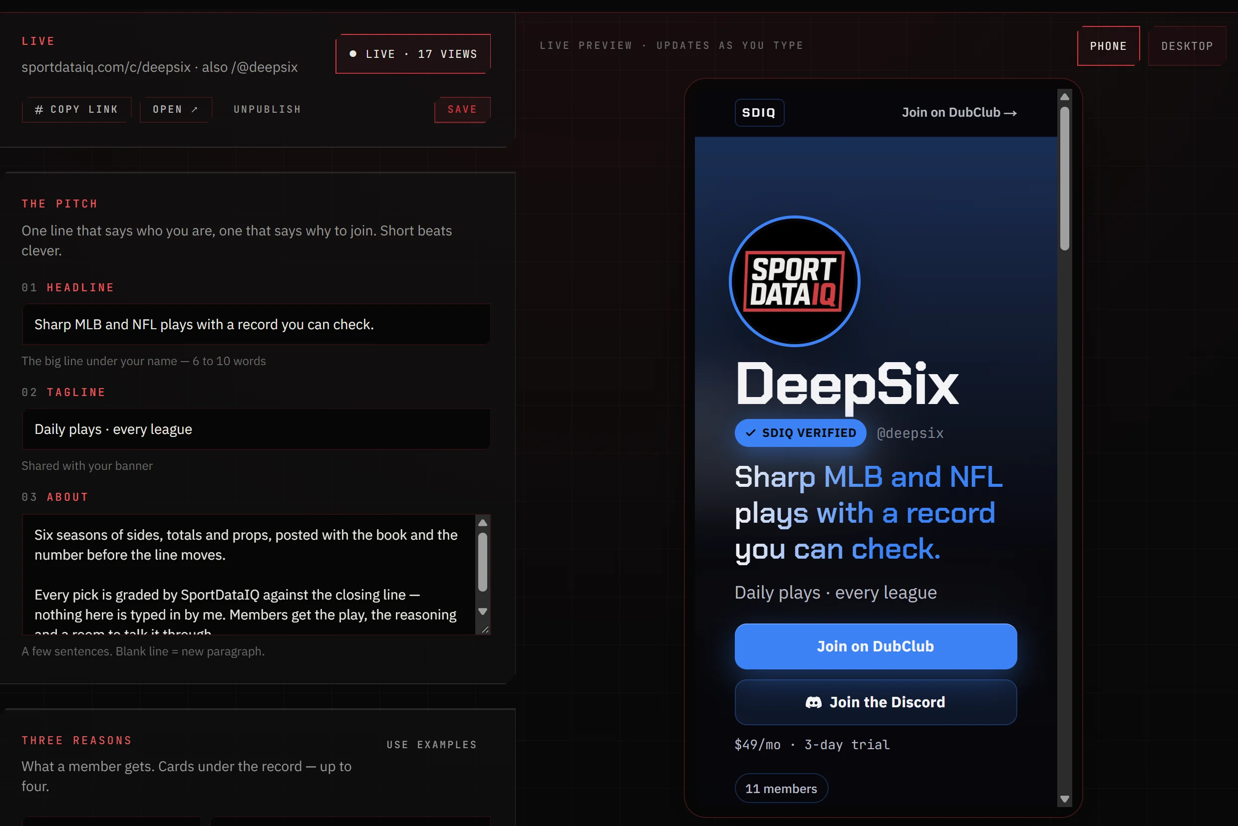 The Public page editor in the dashboard: pitch, reasons and links on the left, the live phone preview on the right