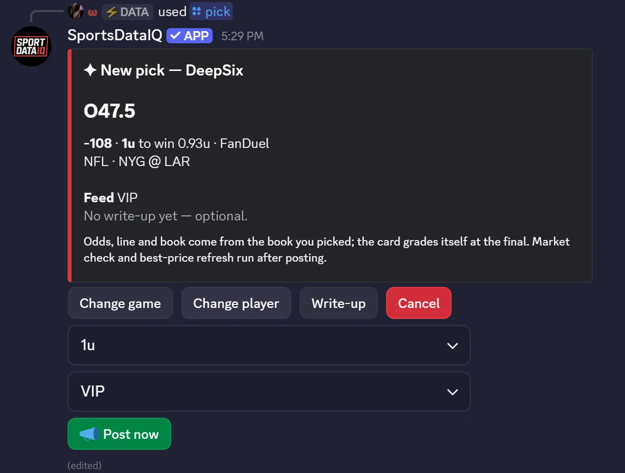 /pick in Discord: the chosen line, units and feed selects, Post now