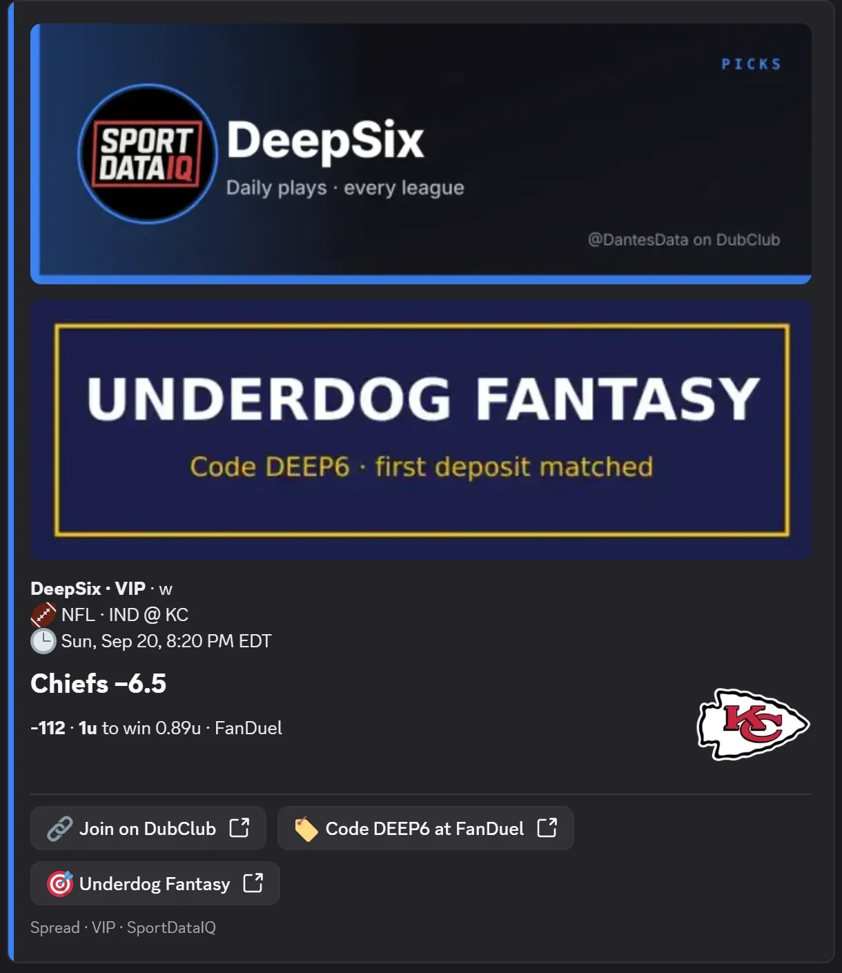 Pick card with the Code DEEP6 at FanDuel button