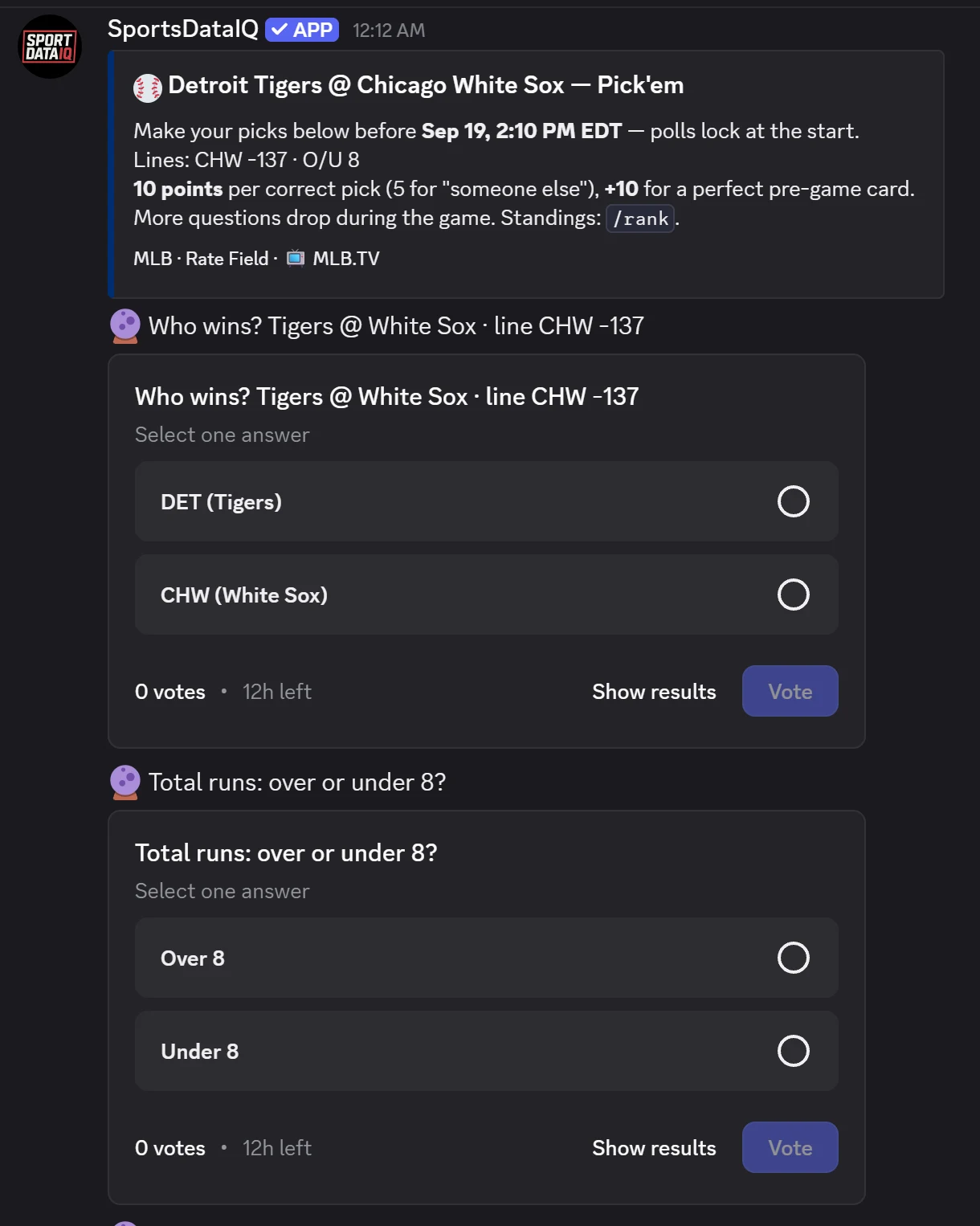 Pick'em thread: header with lines and points, winner poll, total poll
