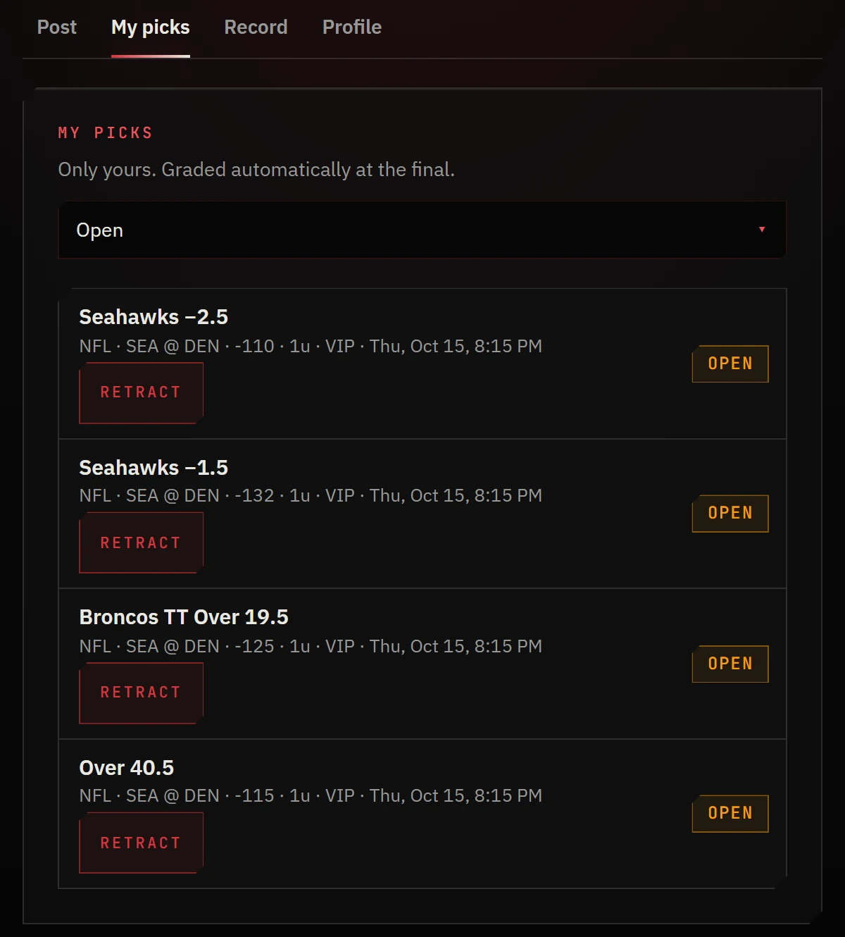 Capper Studio My picks: four open picks on SEA @ DEN, each with Retract until kickoff