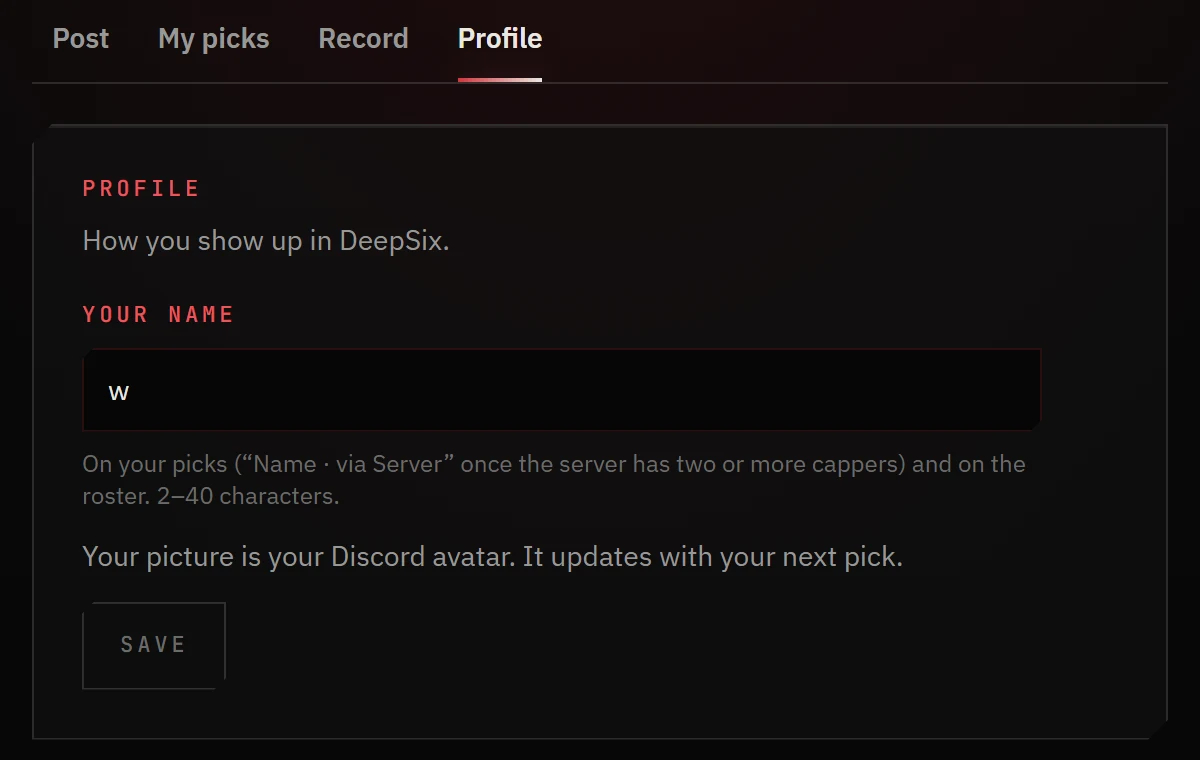 Capper Studio Profile: the name on your picks and the roster; your picture is your Discord avatar