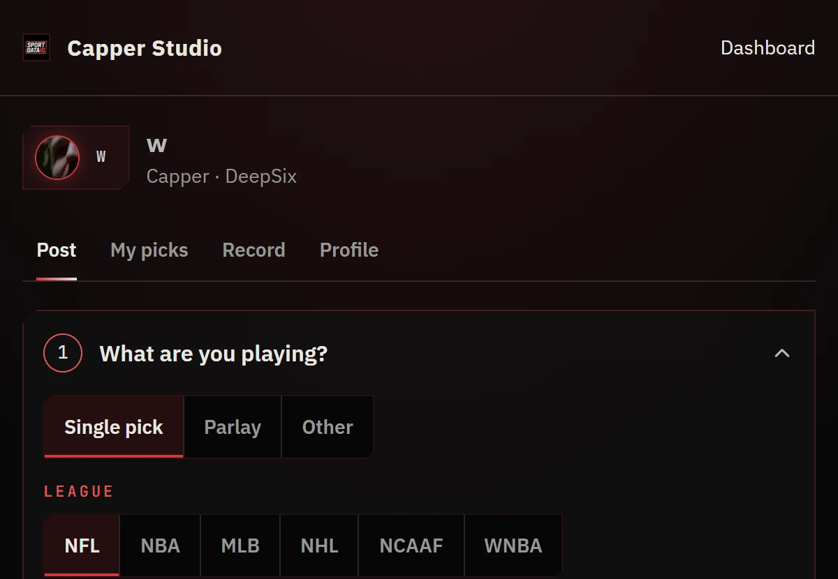 Capper Studio after sign-in: your name, “Capper · DeepSix” and the Post, My picks, Record and Profile tabs