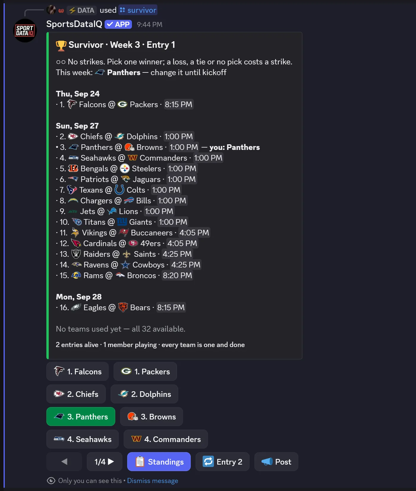 🏆 Survivor Week 3 entry: strike dots, this week's pick, the week's games with club logos, teams already used, and buttons to pick, see standings and switch entry